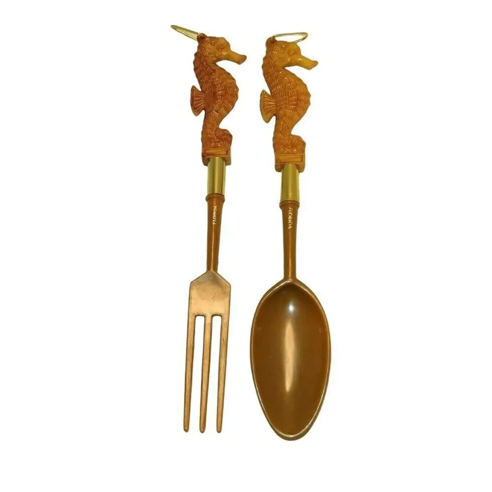 Seahorse Salad Fork & Spoon Set Made in Hong Kong Vintage Florida Souvenir